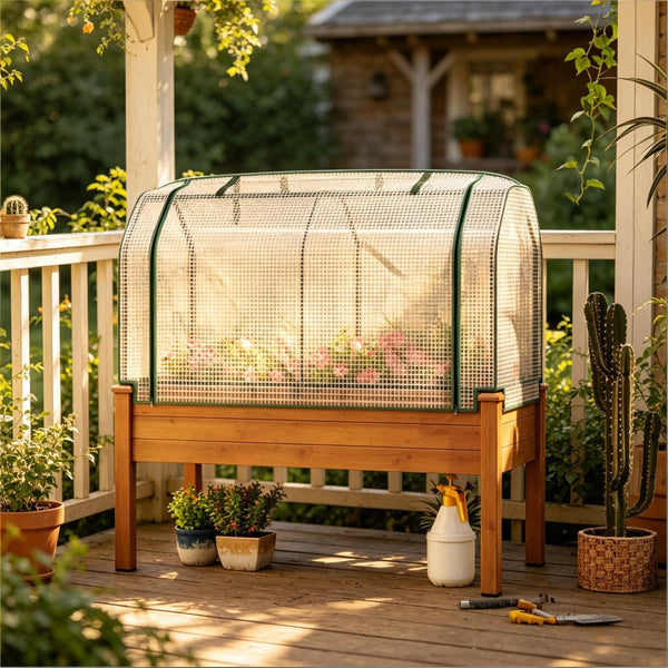 English Elm Outdoor Raised Planter Box Fir Wood Steel Frame with Pe Cover for Patio Garden T3971P505770