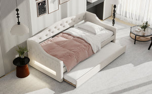 English Elm Upholstered Twin XL Daybed with Built-In LED Belt and Trundle, Linen Backrest, Modern Guest Bed Beige DL002050AAA