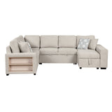 English Elm 109" U-Shaped Sectional Sofa Pull-Out Sofa Bed With Two Usb Ports, A Storage Chaise Lounge and Four Back Pillows For Living Room, Beige