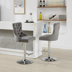 English Elm Thick Velvet Swivel Barstools with 17.7" Chrome Base, Tufted Diamond Pleating, Comfort Foam Seats Gray W1143P335043