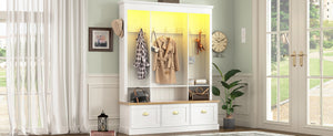 English Elm Farmhouse Hall Tree with Triple Arch Back Panel Eight Hooks Drawers and Entryway Bench White N721S000062K