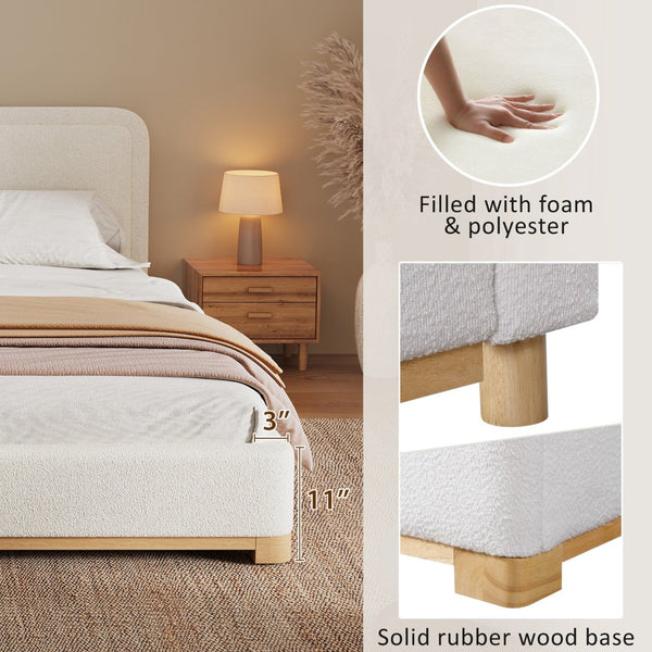 English Elm California King Boucle Upholstered Bed Curved Sculptural Headboard Rubberwood Base N757C399195W