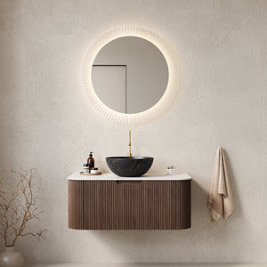 English Elm Dina Floating Bathroom Vanity Sintered Stone Top Glass Basin Striped Plywood Cabinet W2615S00427