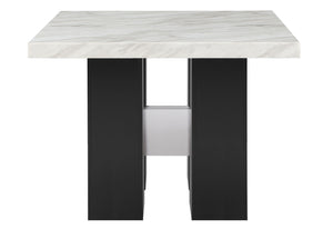 English Elm MIKHA Solid Wood White Bar Table with Faux Marble Top, Black Double Pedestal Base & Silver Connector B201S00094
