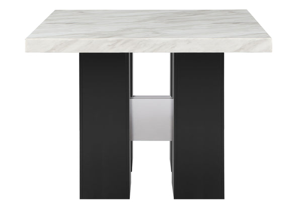 English Elm MIKHA Solid Wood White Bar Table with Faux Marble Top, Black Double Pedestal Base & Silver Connector B201S00094