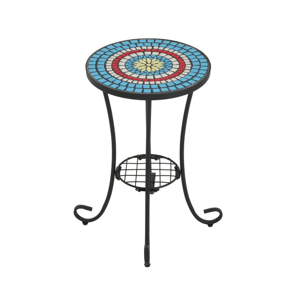 English Elm Christopher Knight Home® - Patio Side Table with Vibrant Ceramic Floral Top, Powder-Coated Steel Frame, Weather-Resistant Finish Black,Blue N768P214810B