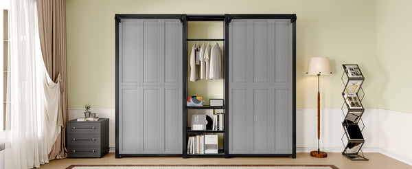 English Elm Twin Twin Murphy Bed with Metal Frame, Foldable 2-in-1 Space-Saving Design, Built-In Wardrobe, Shelves, Power Outlets and Durable Storage Solution Gray W1580S00148