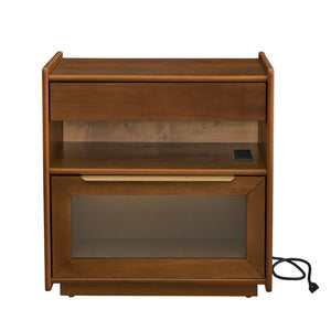 English Elm Mid Century Modern Nightstand With Usb Charging Ports, Glass Drawer & Ample Storage For Any Room W1801P303389