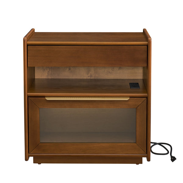 English Elm Mid Century Modern Nightstand With Usb Charging Ports, Glass Drawer & Ample Storage For Any Room W1801P303389