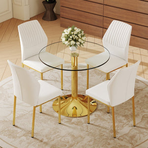 English Elm Table And Chair Set - 35" Round Tempered Glass Dining Table With Gold Metal Base & 4 White Chairs W1151S03703-GIGA