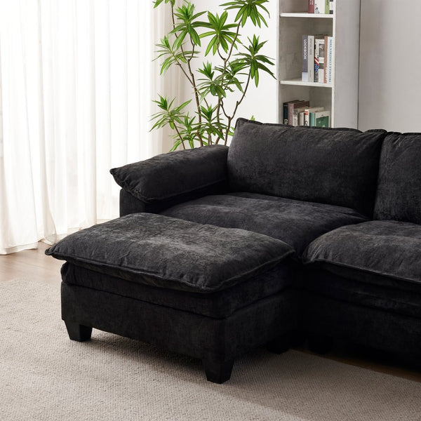 English Elm Living Room Chenille Sectional Sofa with Detachable Ottoman and Pocket Coil Cushions Black W1097S00240