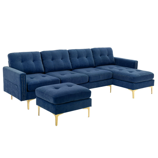 English Elm 110" L-Shape Convertible Sectional Sofa with Movable Ottoman, Velvet Upholstery, Space-Saving Modern Design Blue N719S000970C