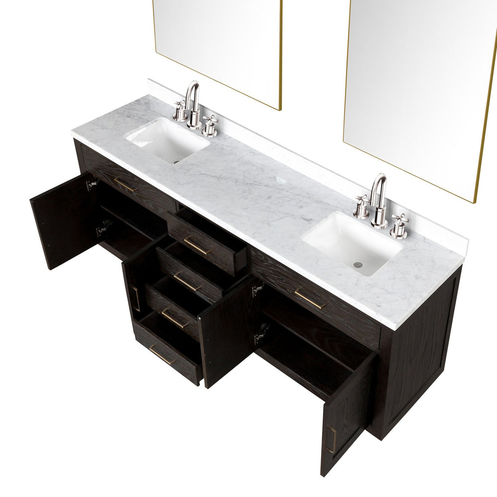 English Elm Black Oak Double Bath Vanity Set With Carrara Marble Top, Chrome Faucets & 36-Inch Mirrors Included B2731S02181