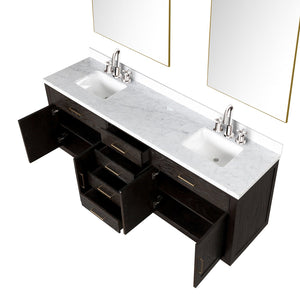 English Elm Black Oak Double Bath Vanity Set With Carrara Marble Top, Chrome Faucets & 36-Inch Mirrors Included B2731S02181