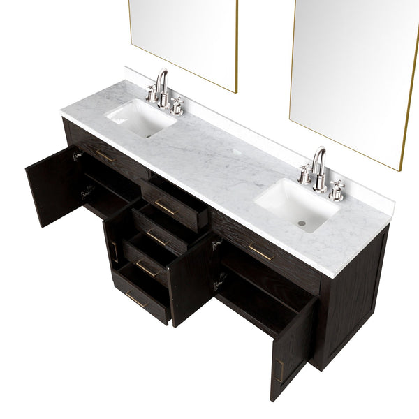 English Elm Black Oak Double Bath Vanity Set With Carrara Marble Top, Chrome Faucets & 36-Inch Mirrors Included B2731S02181