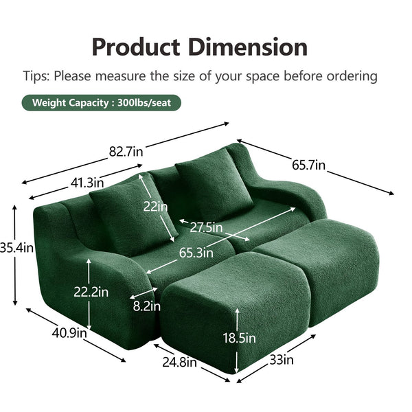 English Elm Soft Teddy Fabric Boneless Sofa with Ergonomic Curved Armrests, 32D High-Density Sponge Comfort and Anti-Slip Base Green W714S01440