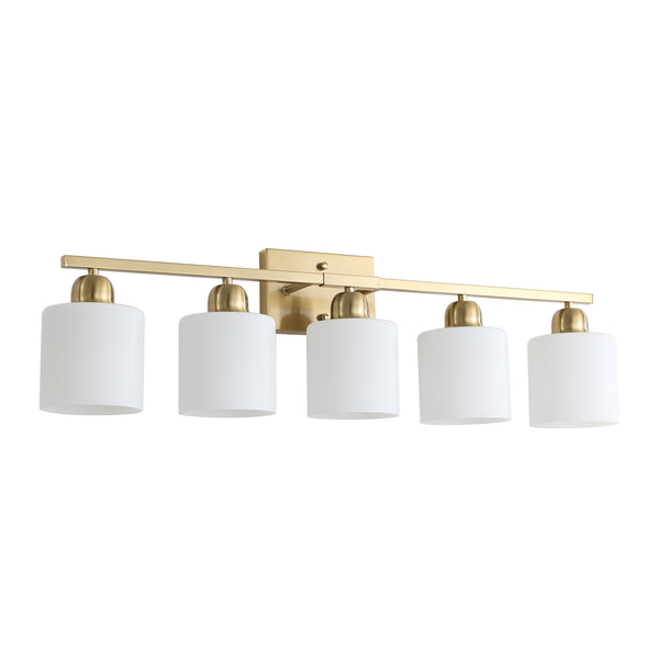 English Elm Gold 5-Light Modern Vanity Light Fixture Over Mirror With Frosted Glass Shades For Elegant Illumination W2312P374857