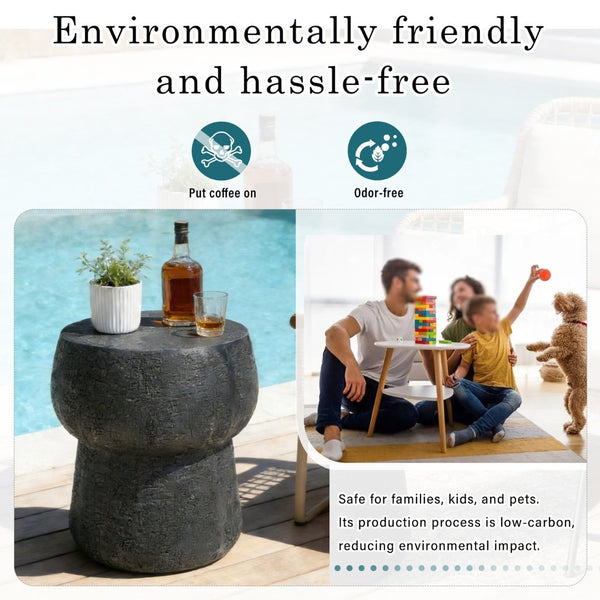English Elm U_style Outdoor Concrete Accent Table Sculptural Double Barrel Mgo Weathered Patio Stool Black N711P422075B