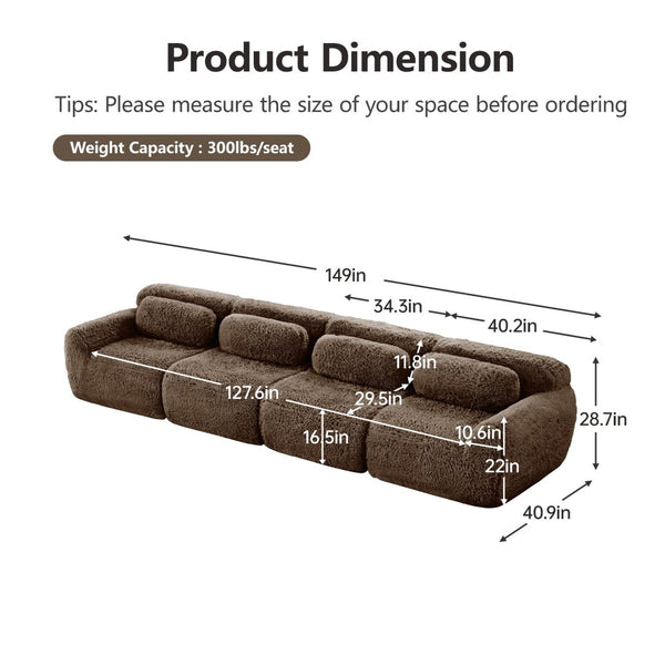 English Elm 149'' Plush Modular Cloud Sofa Boneless Ergonomic Design for Home Theater Lounge Chocolate W714S01544