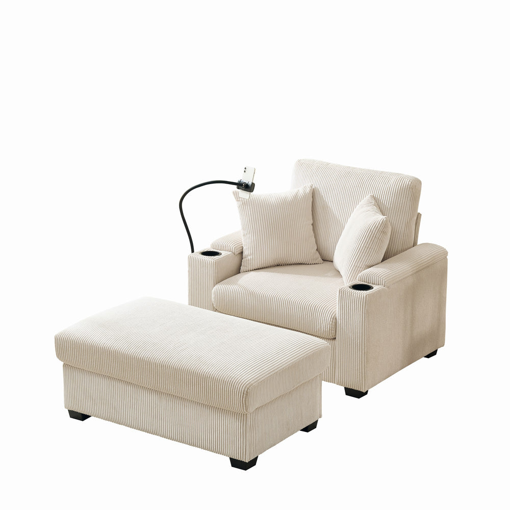 English Elm 55" Oversized Chaise Lounge Chair With Ottoman & Storage - Cozy Corduroy Recliner With Usb Port & Cup Holder W3373P328964