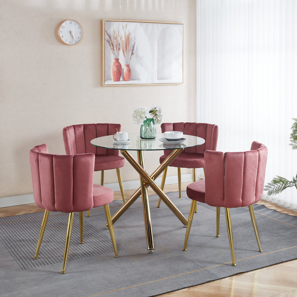 English Elm 1+4,5Pieces Elegant Mid-Century Dining Set For 4-6 With Glass Top & Gold Metal Legs – Stylish Comfort! W234S00093