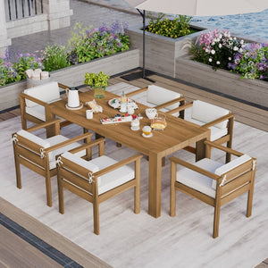 English Elm Trexm Acacia Wood Outdoor Dining Set Seats Six with Washable Cushions Umbrella Ready Beige,Light Teak TM000022AAD