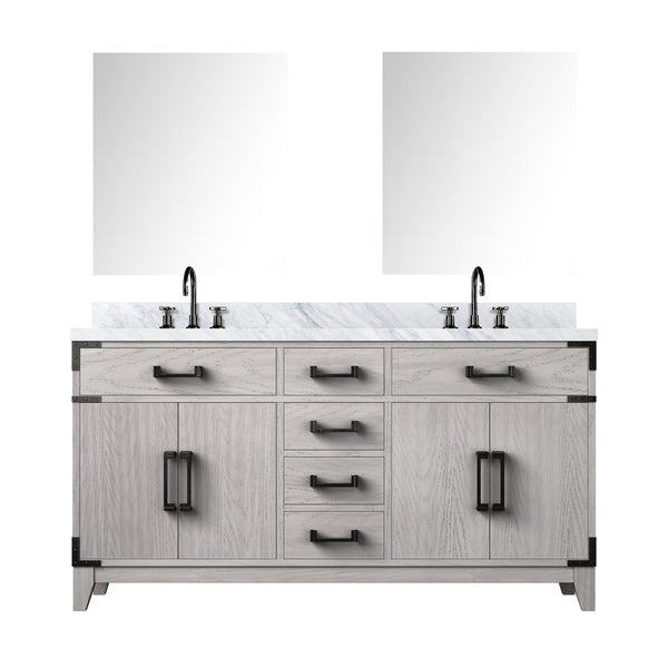 English Elm White Oak Double Bath Vanity With Carrara Marble Top, Chrome Faucets, Mirrors & Ample Storage B2731S01854-GIGA