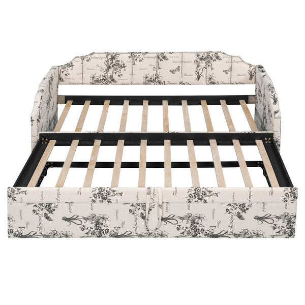 English Elm Twin Linen Upholstered Daybed with Pop up Trundle and Built in Usb Charging White Tossed Botanical SF000199AAZ