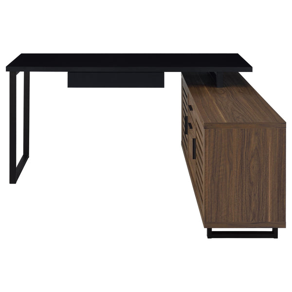English Elm Rodger Black and Walnut L-Shape Computer Desk with Credenza, Slatted Doors, Drawers, Spacious Workstation B062P378334
