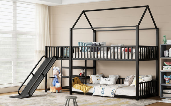 English Elm Full Metal House Bunk Bed with Slide Storage Stairs and Safety Rails for Kids W1580S00344