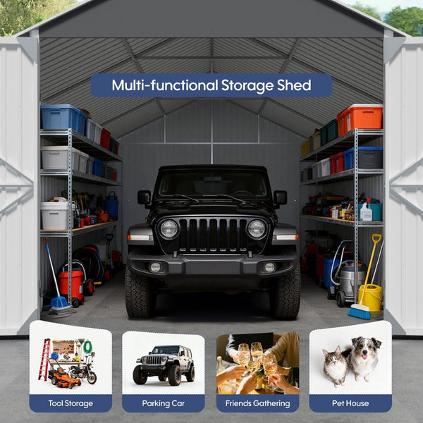 English Elm 12x20 Ft Steel Carport Shed with Double Doors Windows and All Weather Protection W419S00066