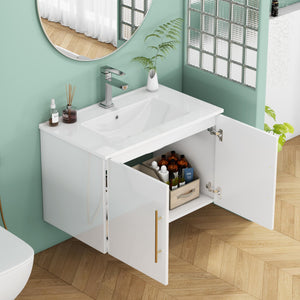 English Elm 30-Inch Sleek White Gloss Wall-Mounted Bathroom Vanity With Gold Handles & Soft-Close Doors, Easy Install W3151S00052