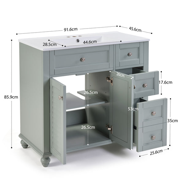 English Elm 36" Modern Grey Bathroom Vanity with Ceramic Sink, Solid Wood Frame, Soft-Close Drawers, Organizer Storage Blue+Grey W2896P344088