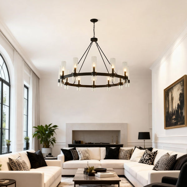 English Elm 43.3''matte Black Wagon Wheel Chandelier 12 Seeded Glass Shades Farmhouse Great Room W5008P392741