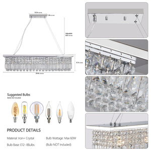 English Elm Modern Crystal Chandelier Rectangular 8-Light Raindrop Pendant for Kitchen Island Dining Room Chrome W2312P368688