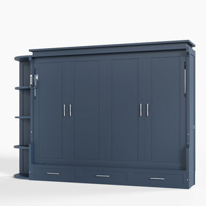 English Elm Queen Murphy Wall Bed with Side Cabinets Open Shelving and Drawers for Studio Rooms Blue W1580S00453