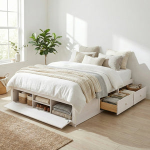 English Elm Queen Platform Storage Bed with Hydraulic Lift Footboard and Four Drawers Antique Finish White LP000139AAK