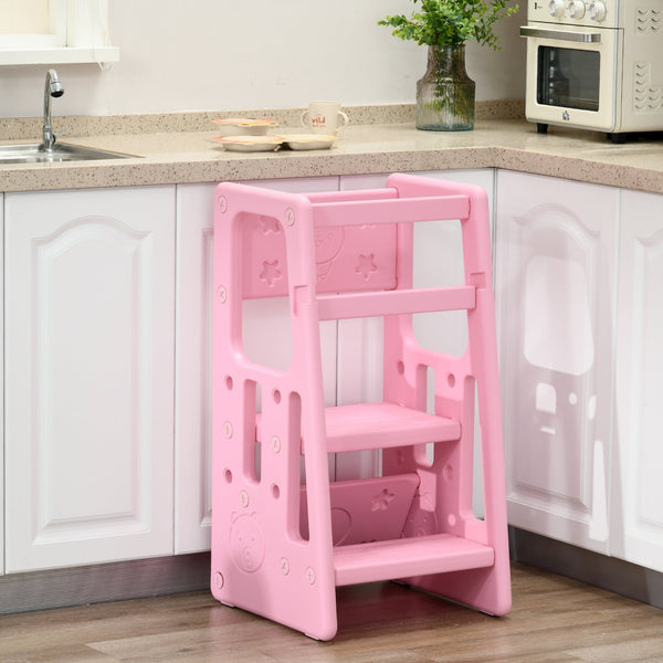 English Elm Qaba Adjustable Toddler Tower with 3 Heights, Anti-Slip Pads & Handrails, Easy-Clean Pink Step Stool W2225P200489