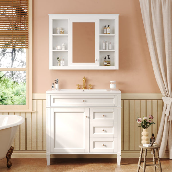 English Elm 36'' Modern Bathroom Vanity Set With Sink, Mirror & Open Shelves - Stylish Storage Solution! N710S236006K