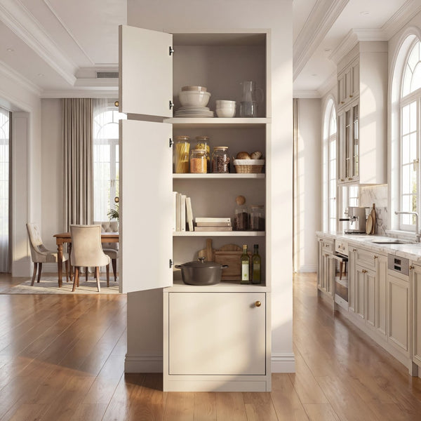 English Elm Tall Slim Freestanding Pantry Cabinet with Adjustable Shelves and Drawer for Small Spaces White B2764P483843