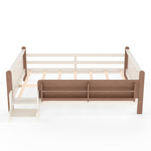 English Elm Queen Bunk Bed with Trundle Solid Pine Kids Car Themed Frame Built-in Bookshelf Beige+Natural W1580S00536