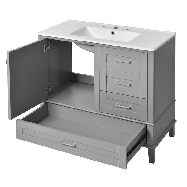 English Elm 36" Grey Bathroom Vanity Solid Pine Frame with Soft-Close Door, 3 Drawers, Ceramic Top, Modern Durability and Storage (36"W) N729P211167E