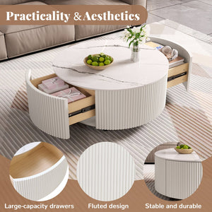 English Elm Modern Round Coffee Table with Sintered Stone Marble Top, Locking Casters, 2 Soft-Close Drawers, Space-Saving Design White N735P328523K