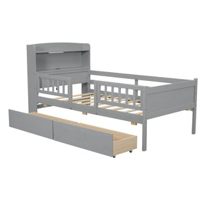English Elm Wood Twin Size Platform Bed with Built-in LED Light, Multifunctional Headboard, Guardrail & Storage Drawers Gray N709P243969E