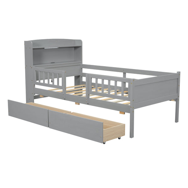 English Elm Wood Twin Size Platform Bed with Built-in LED Light, Multifunctional Headboard, Guardrail & Storage Drawers Gray N709P243969E