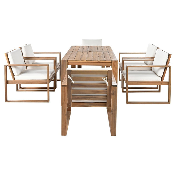 English Elm Trexm Acacia Wood Outdoor Dining Set Seats Six with Umbrella Hole Rustic Patio Beige,Light Teak TM000019AAD