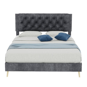 English Elm Suede Tufted Platform Bed Full Size Upholstered Headboard for Restful Bedroom Retreat Grey W1935P360997