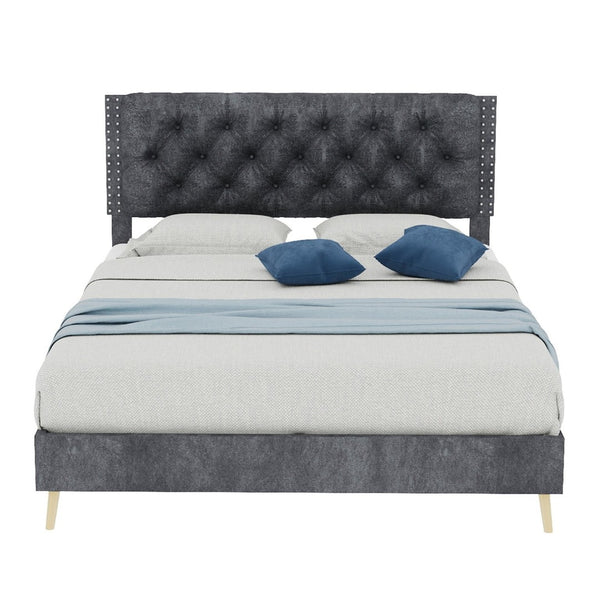 English Elm Suede Tufted Platform Bed Full Size Upholstered Headboard for Restful Bedroom Retreat Grey W1935P360997