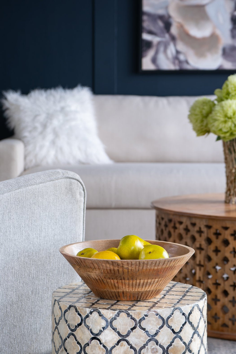 English Elm D12x4" Mango Wood Round Decorative Bowl - Hand-Carved Natural Knotty Texture, Narrow Base Accentpiece W2078P391133