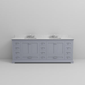 English Elm Dark Grey Double Bath Vanity 84" W x 22" D with Carrara Marble Top, 14 Drawers, Soft-Close, Faucet Set B2731P258426